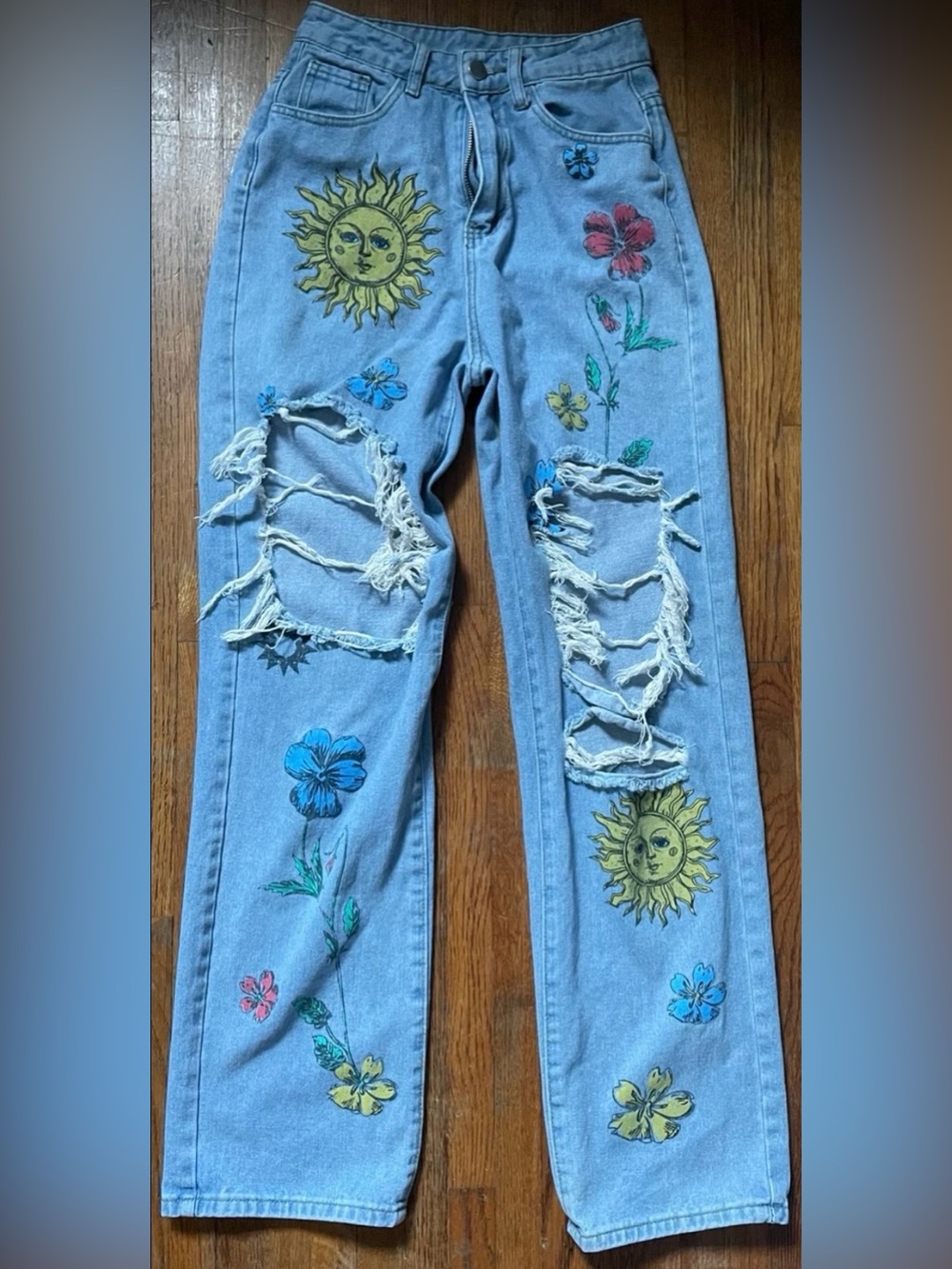 Sun & Floral Pattern Distressed Jeans, size 2
